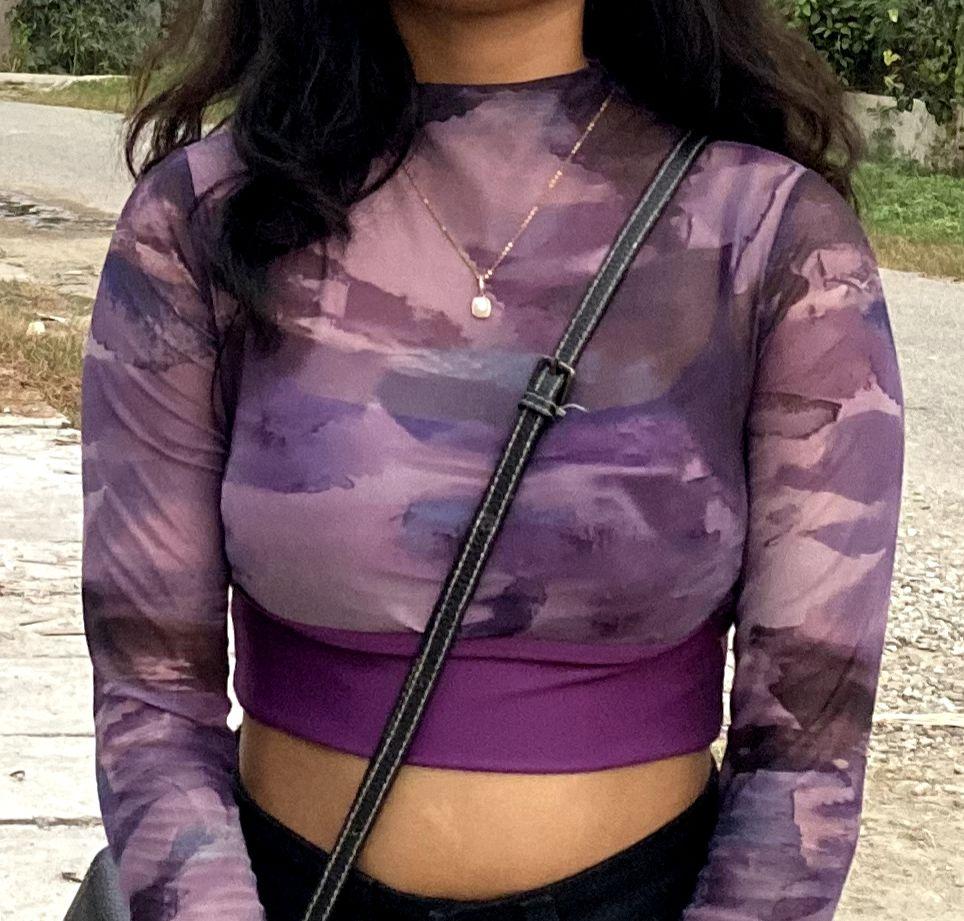 Purple Printed Padded Crop Top - Thumbnail 3