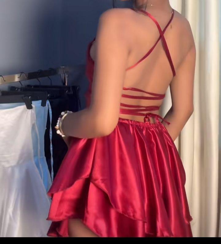 satin backless mini dress in maroon color