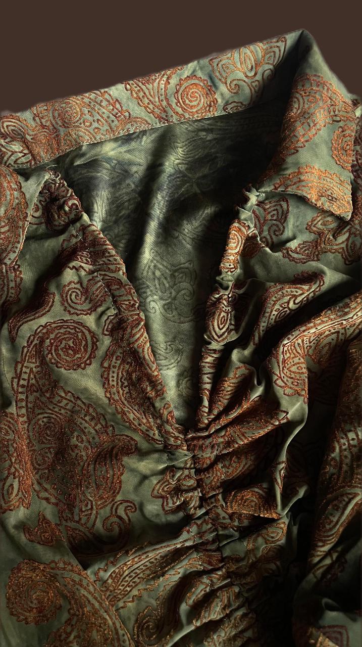 Olive Paisley Tie-Front Crop Top - Thumbnail 2