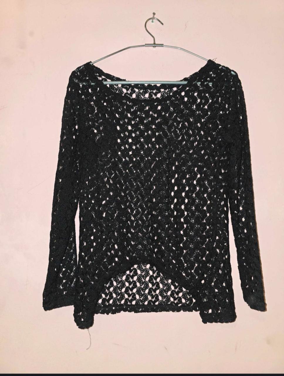 Vintage Black Open Knit Crochet Long Sleeve Top