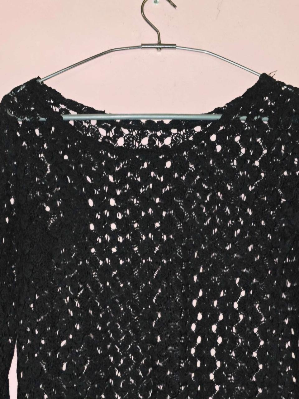 Vintage Black Open Knit Crochet Long Sleeve Top - Thumbnail 4