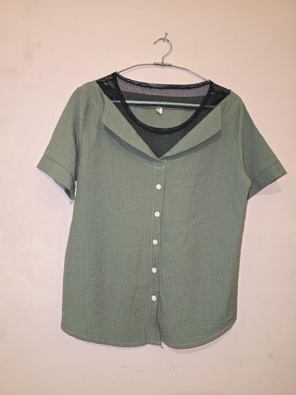 Sage Green Ribbed Button-Up Shirt with Mesh Detail