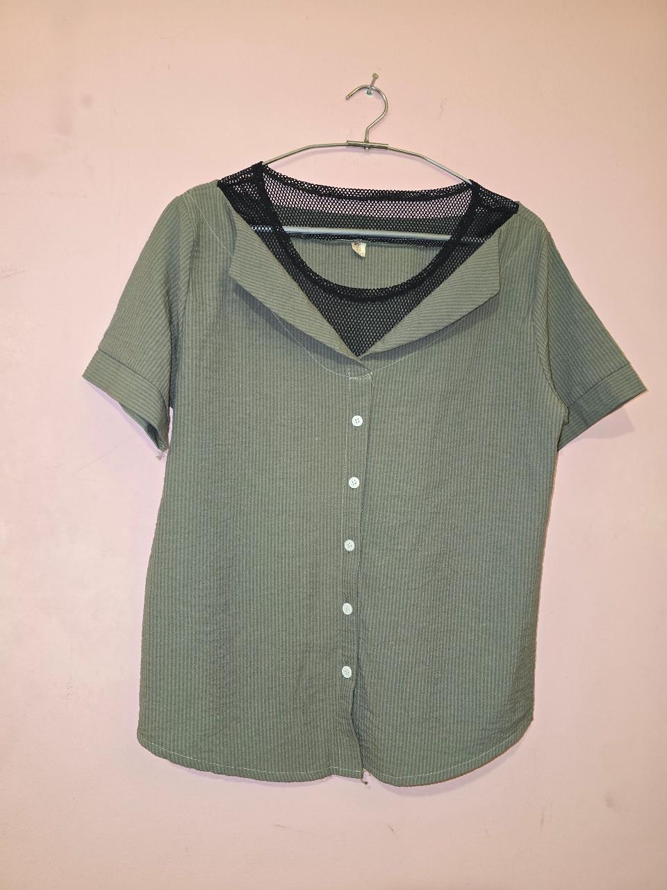 Sage Green Ribbed Button-Up Shirt with Mesh Detail - Thumbnail 2