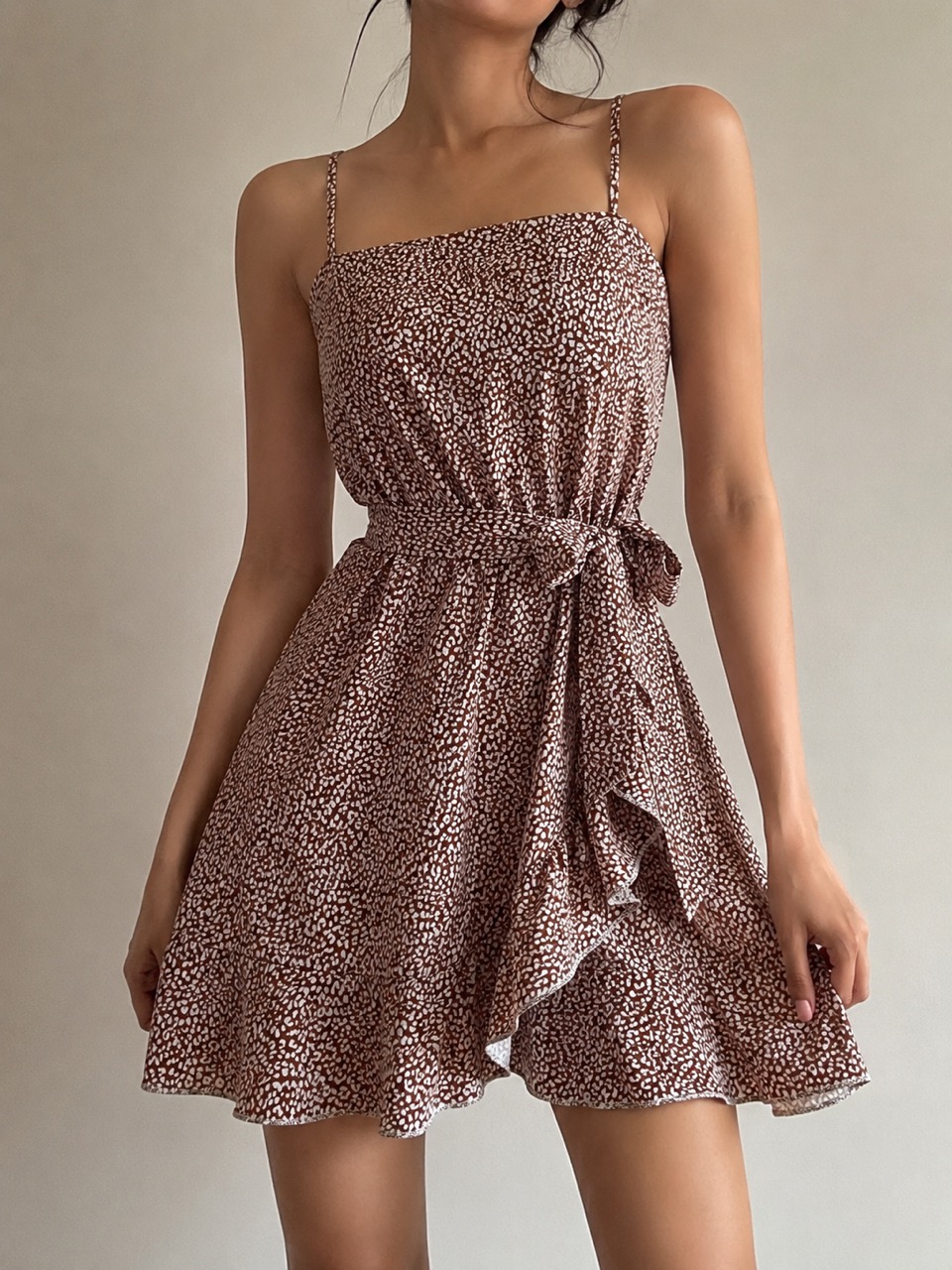 Brown Printed Spaghetti Strap Dress - Thumbnail 2
