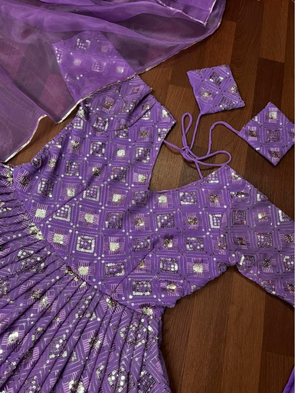 Royal Purple Sequin Work Flared Anarkali with Dupatta - Thumbnail 3