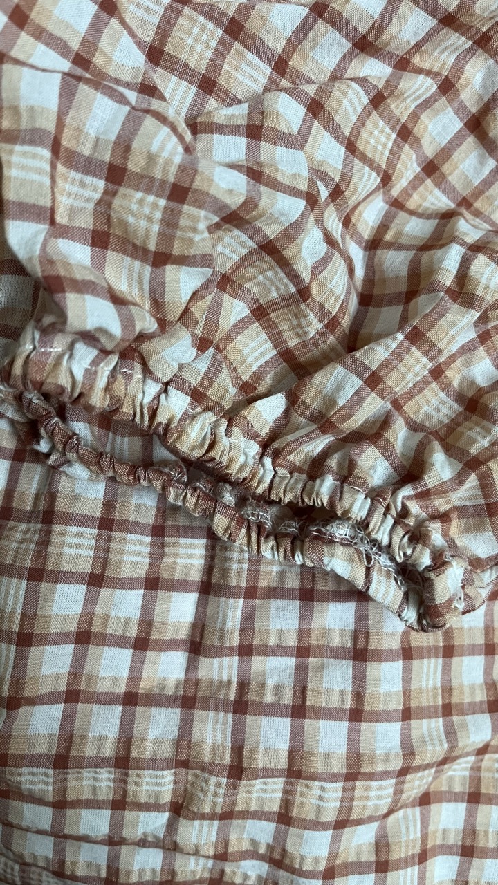 checkered orange puff sleeve top - Thumbnail 4