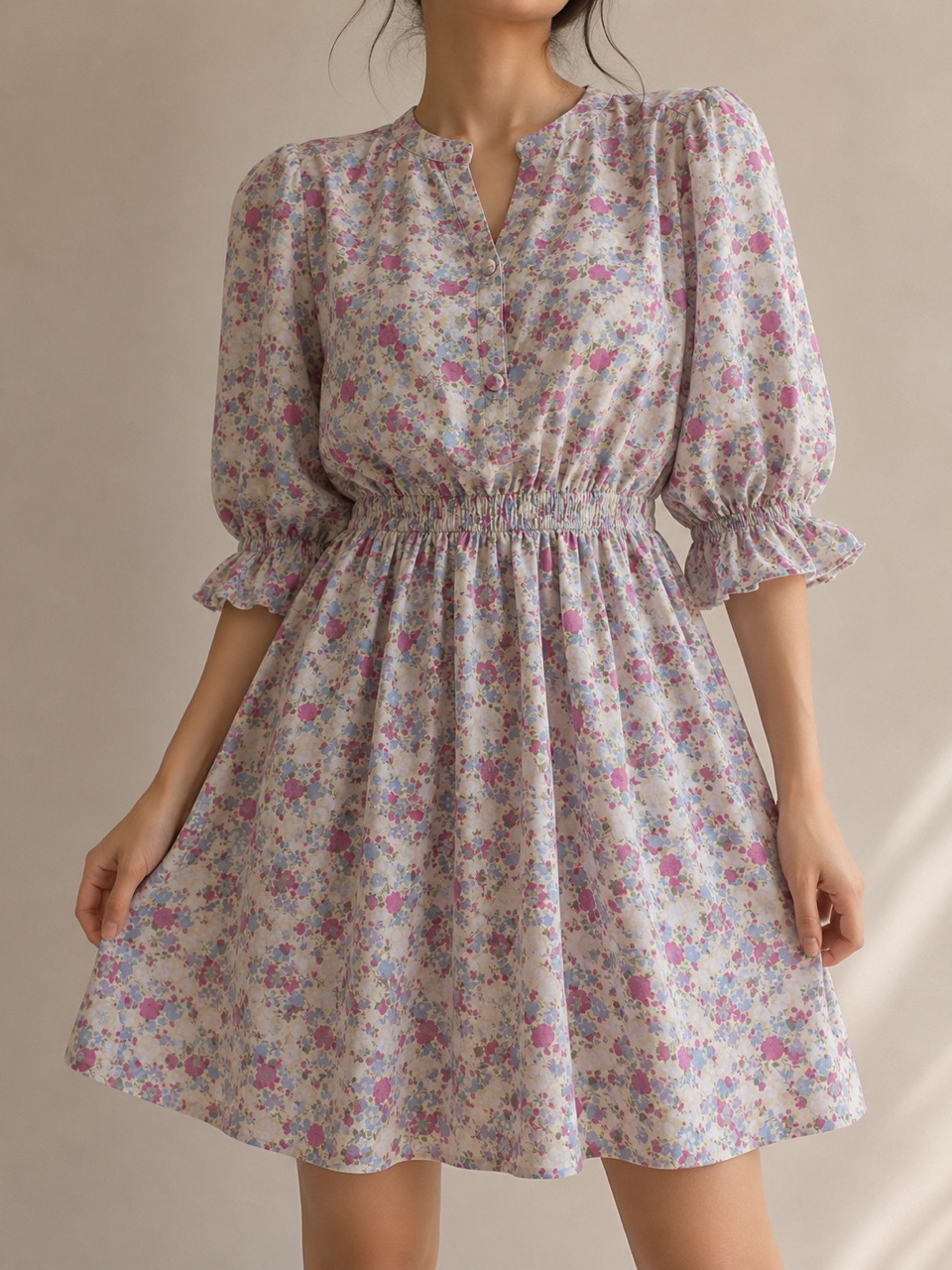Floral Puff Sleeve Mini Dress - Thumbnail 2
