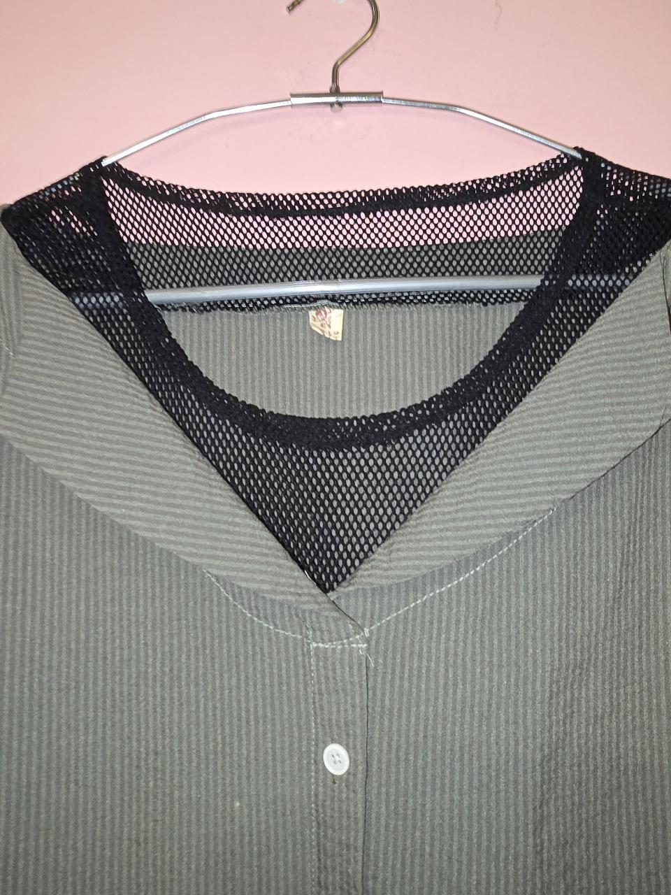 Sage Green Ribbed Button-Up Shirt with Mesh Detail - Thumbnail 4