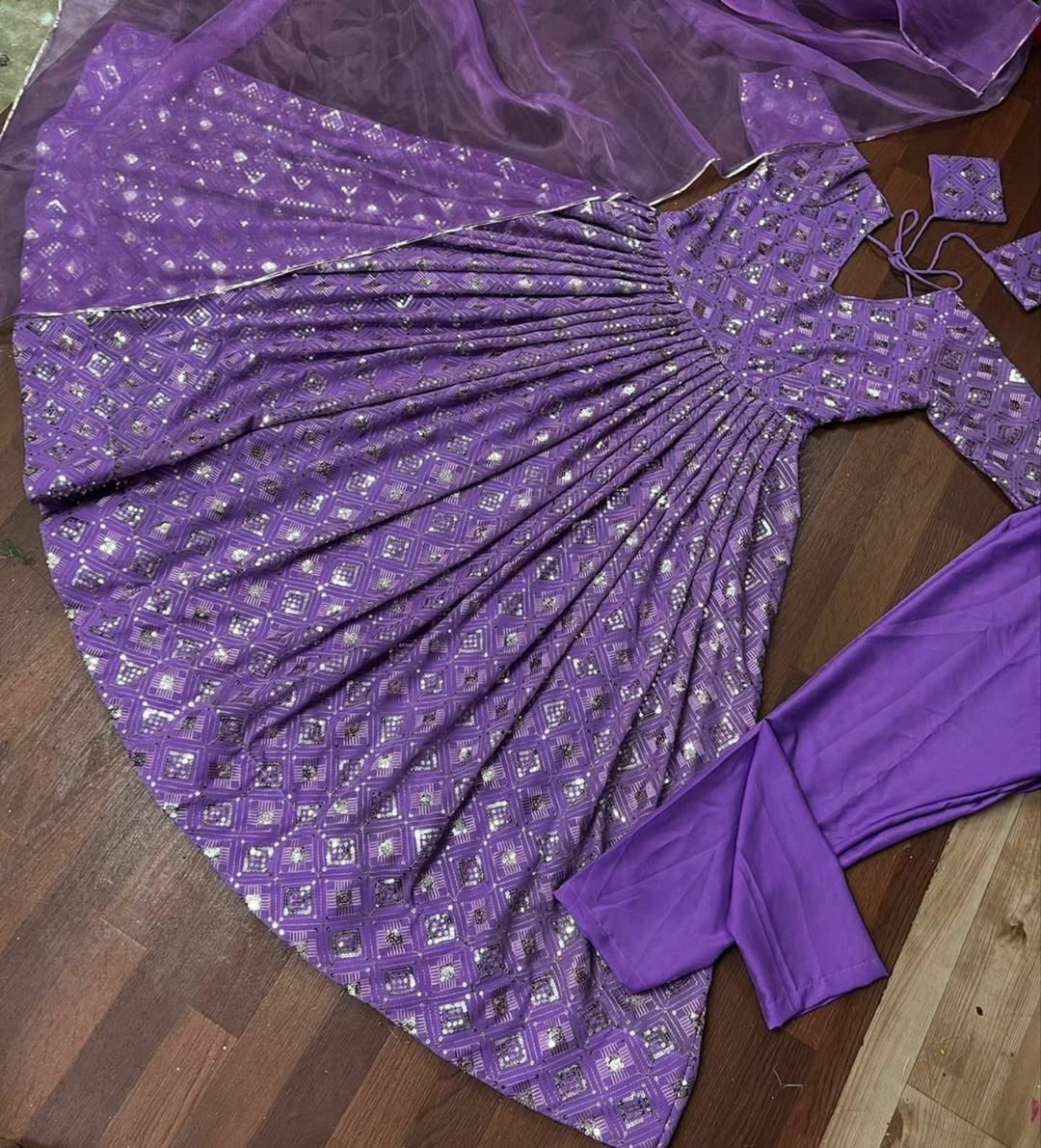 Royal Purple Sequin Work Flared Anarkali with Dupatta - Thumbnail 2