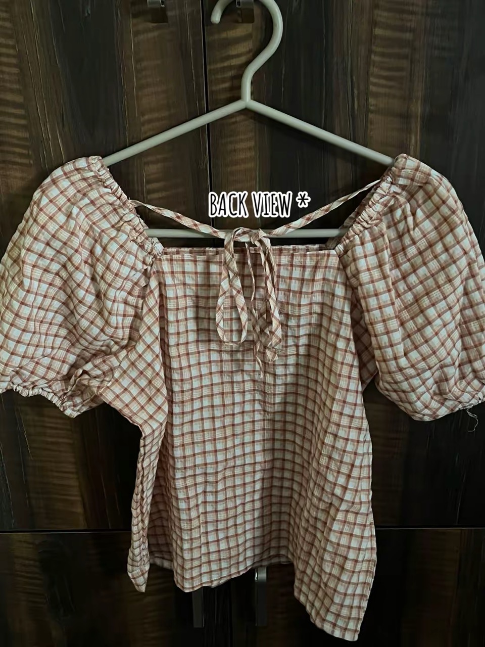 checkered orange puff sleeve top - Thumbnail 2