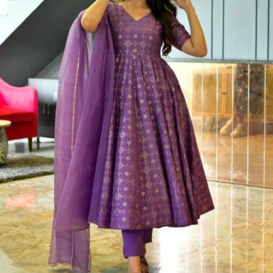 Royal Purple Sequin Work Flared Anarkali with Dupatta