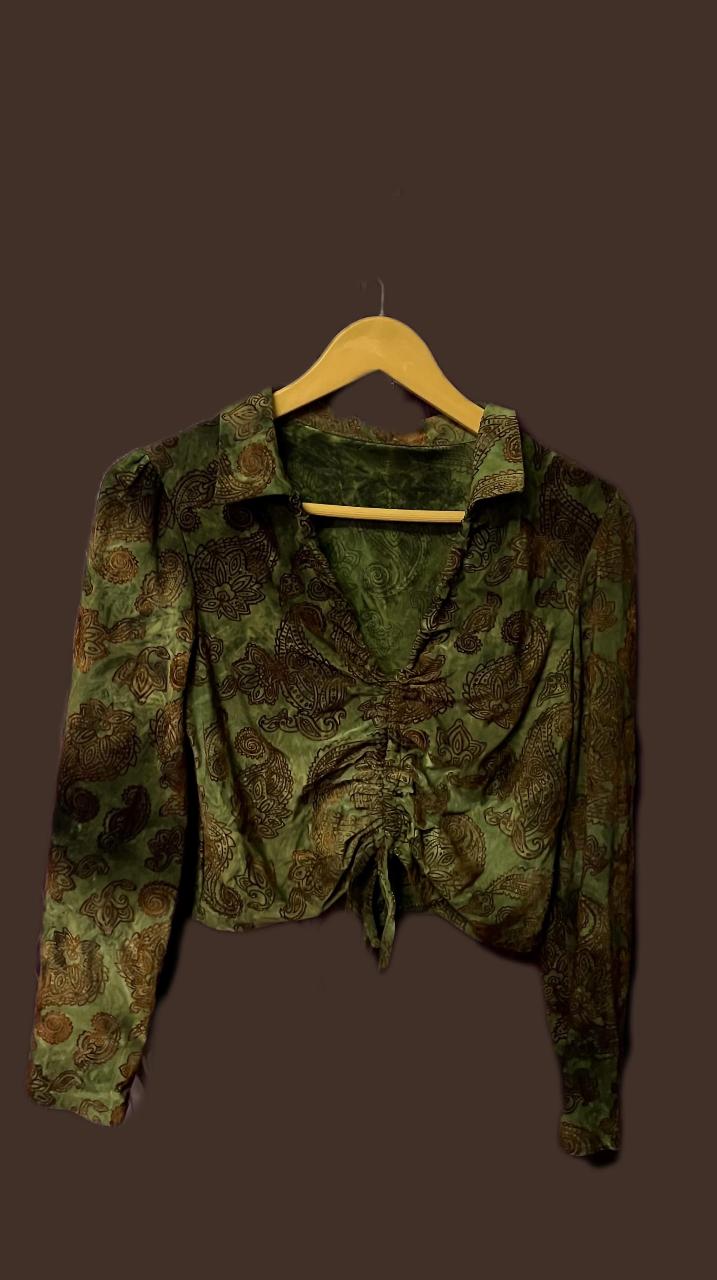 Olive Paisley Tie-Front Crop Top