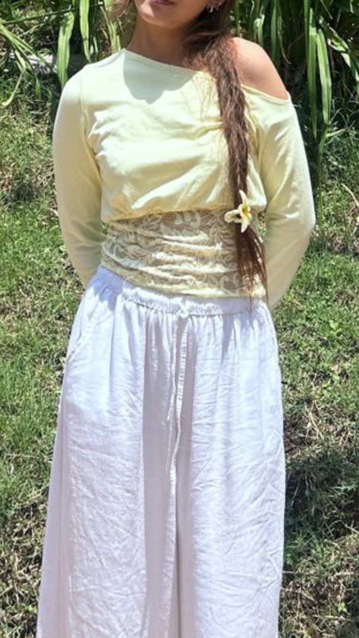 Butter Yellow Net Off shoulder Top - Thumbnail 4