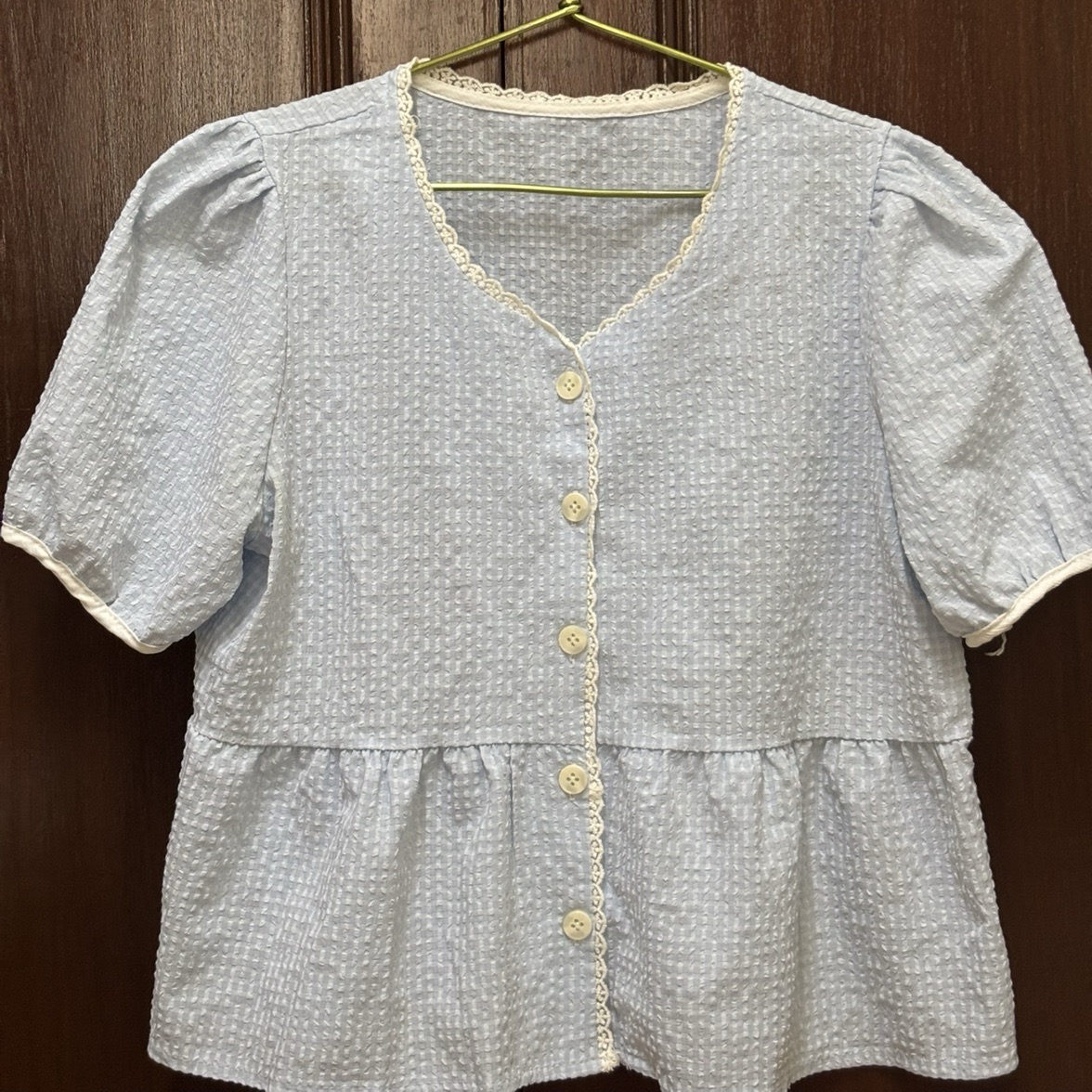 Puff Sleeve V neck Plain Lace Trim Button Up top