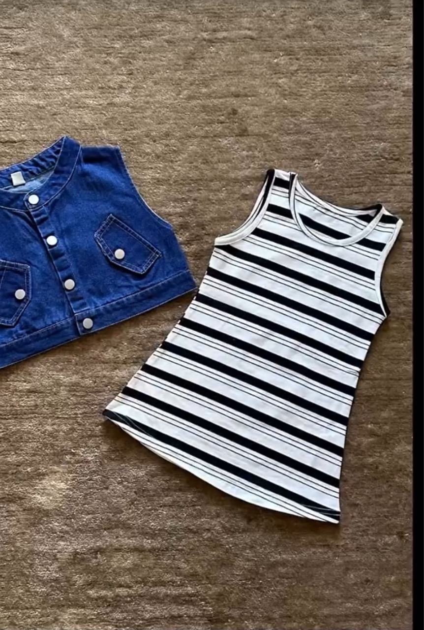 Striped One Piece With Denim Overlay - Thumbnail 2