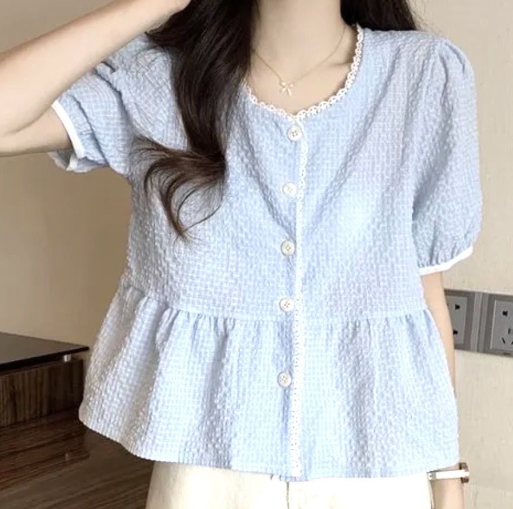 Puff Sleeve V neck Plain Lace Trim Button Up top - Thumbnail 2
